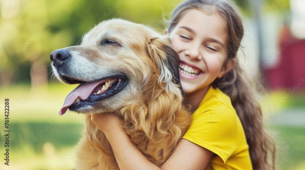 A joyful girl hugs a dog. The owner and the pet. A joyful girl hugs a dog. The owner and the pet.