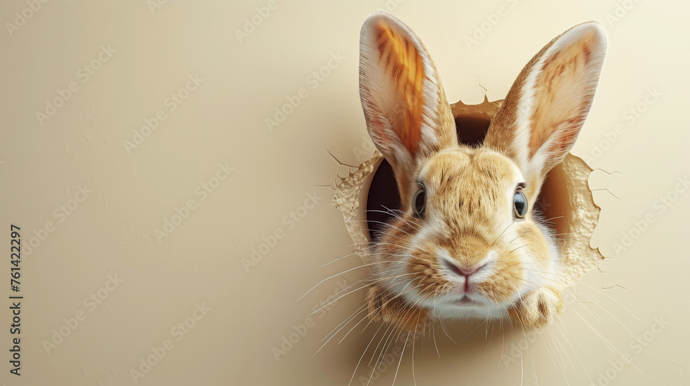 Obraz premium Adorable Easter bunny peeking out of a hole on a cream background