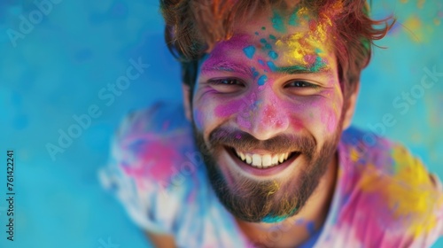 Colorful man with a beard and mustache covered in paint. Fictional character created by Generated AI. 