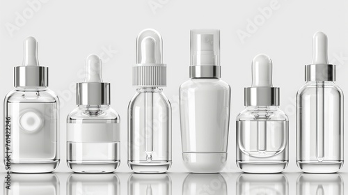 Set of realistic cosmetic bottles with pipette and dropper on white background. Clear plastic container for cream, gel, lotion, lotion, shampoo, shower gel, foundation, cream or lotion