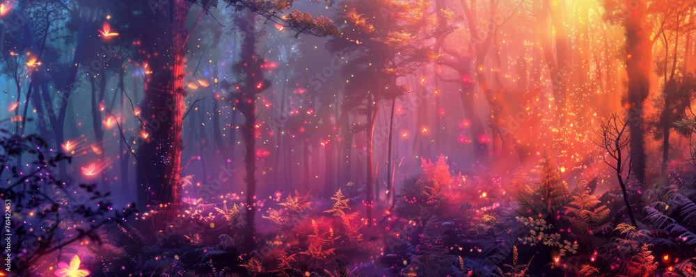 Enchanted forest on fire, fantasy landscape with magical light