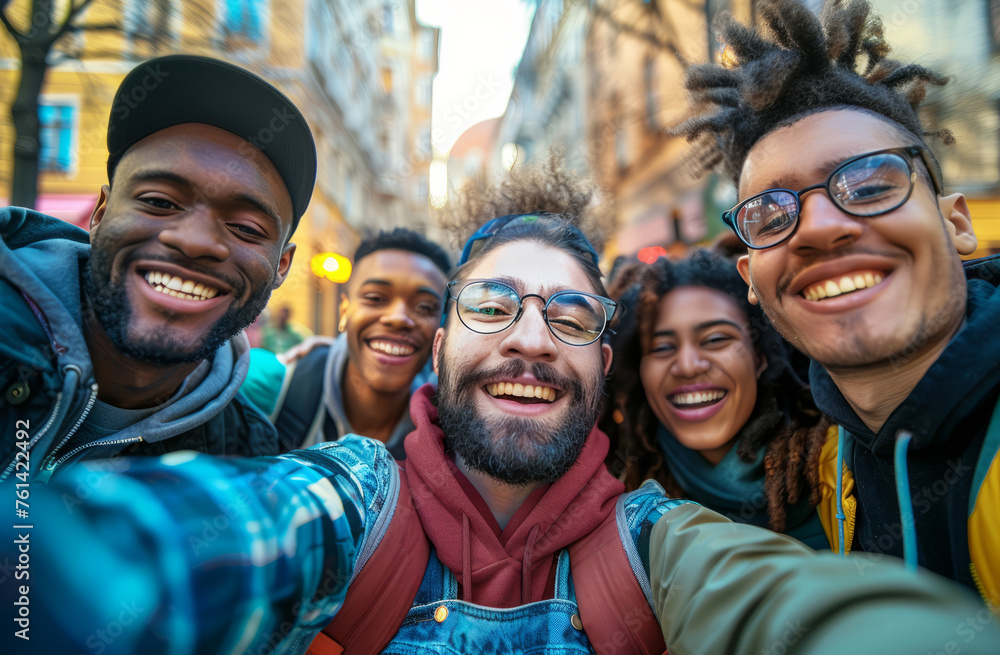 Friends taking a group selfie on a bustling city street, diverse and stylish Friends taking a group selfie on a bustling city street, diverse and stylish