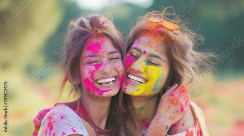 Colorful Twins Celebrating Holi Festival Together. Fictional character created by Generated AI. 