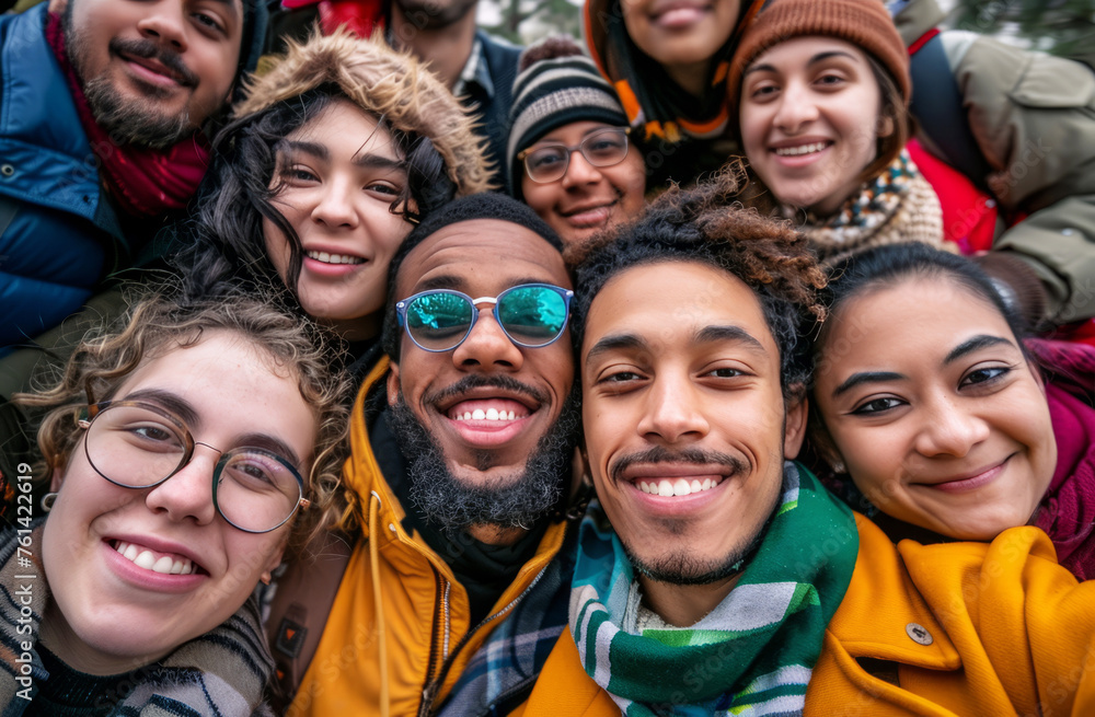 Diverse group of joyful friends taking a group selfie outdoors, showcasing multicultural togetherness Diverse group of joyful friends taking a group selfie outdoors, showcasing multicultural togetherness
