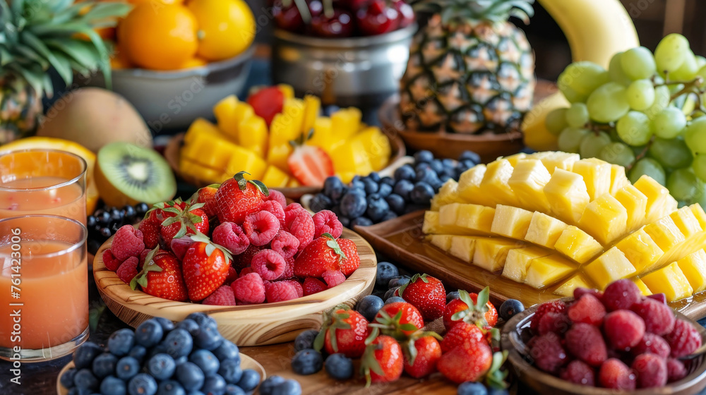 Assorted tropical fruits and berries on a table for a healthy feast Assorted tropical fruits and berries on a table for a healthy feast
