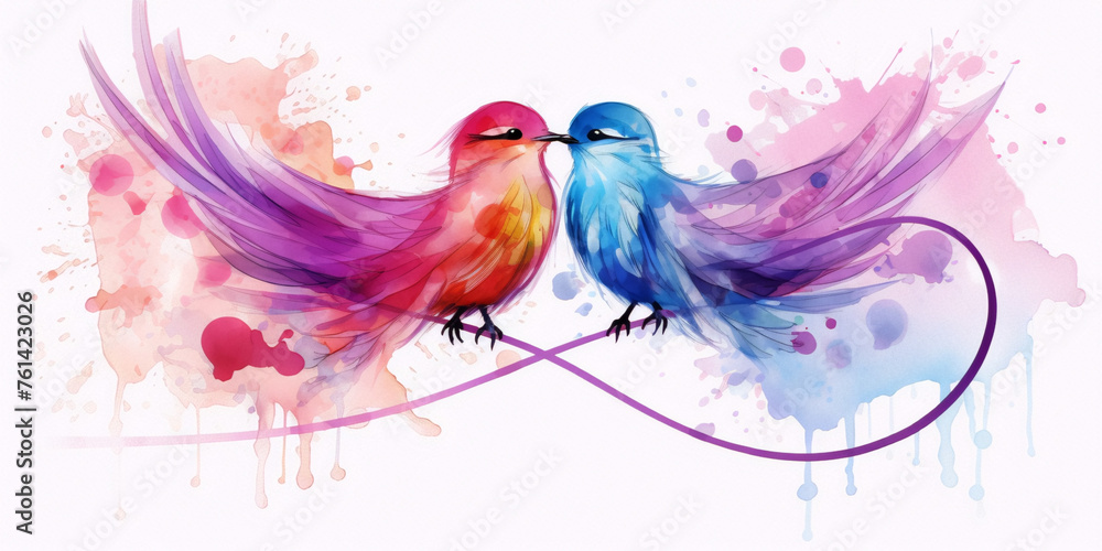 Two watercolor birds with infinity symbol, love birds ???????????????