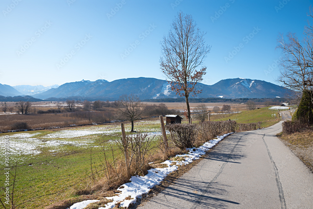 walkway along Murnauer Moos, with alps view upper bavaria