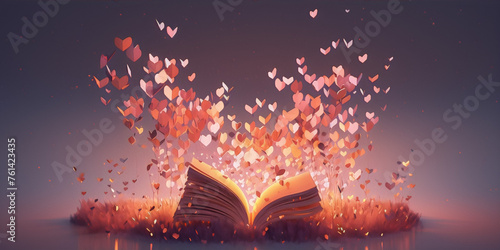 Pink paper hearts float out of an open book in a surreal landscape with a purple sky.