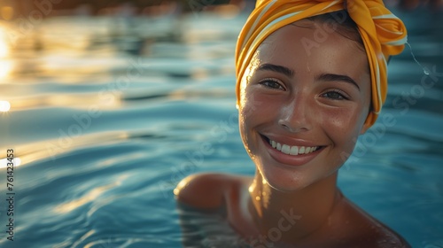Woman in a Swimming Pool Wearing a Yellow Hat