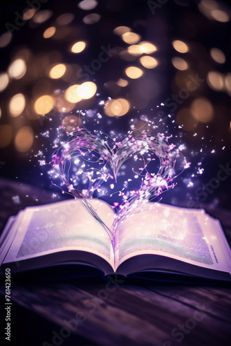 Fantasy book cover with glowing pink heart made of flower petals on dark blurred background