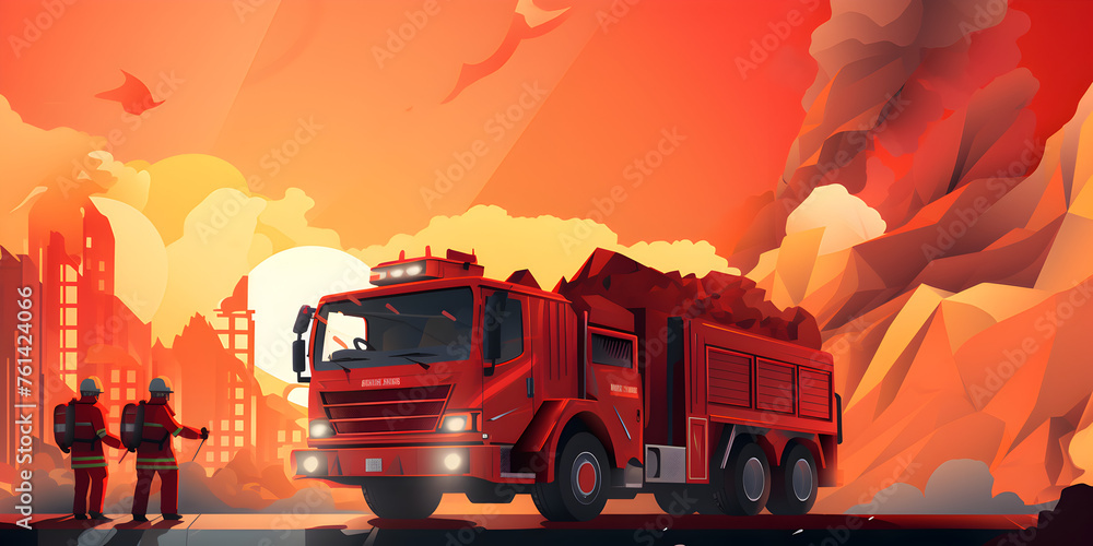 Illustration of a firetruck on red background, international firefighter day theme