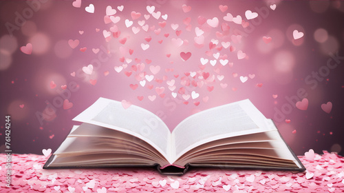Pink hearts confetti flying from open book on pink background.
