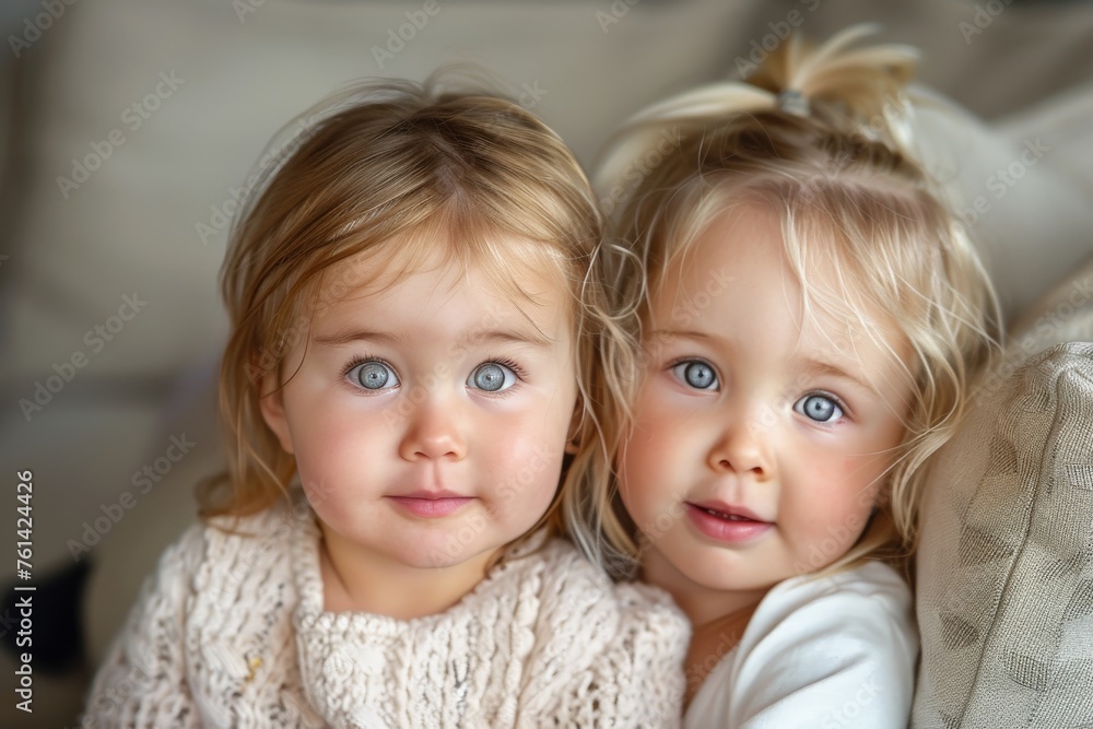 Close-up of two toddlers with striking blue eyes and blonde hair, showcasing twin bond Close-up of two toddlers with striking blue eyes and blonde hair, showcasing twin bond
