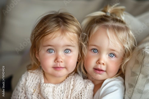 Close-up of two toddlers with striking blue eyes and blonde hair, showcasing twin bond