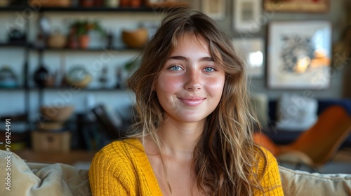 Woman Sitting on Top of Couch in Living Room