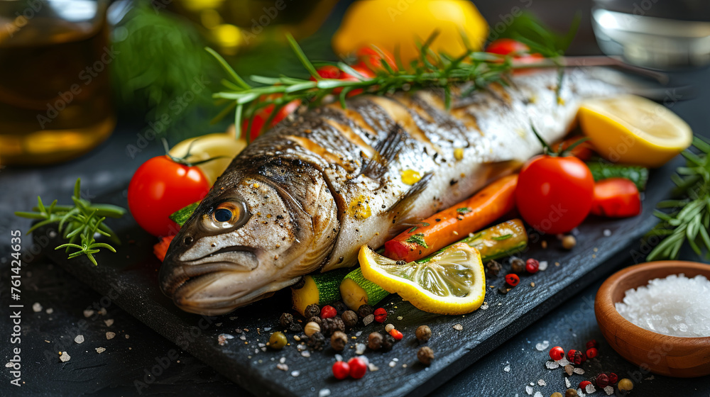 Cooking of Fish with lemon and vegetables, heathy food concept Cooking of Fish with lemon and vegetables, heathy food concept