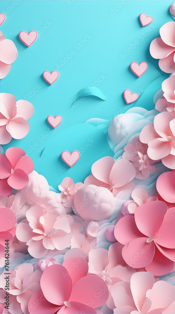 Pink and blue 3D illustration of paper flowers and hearts.