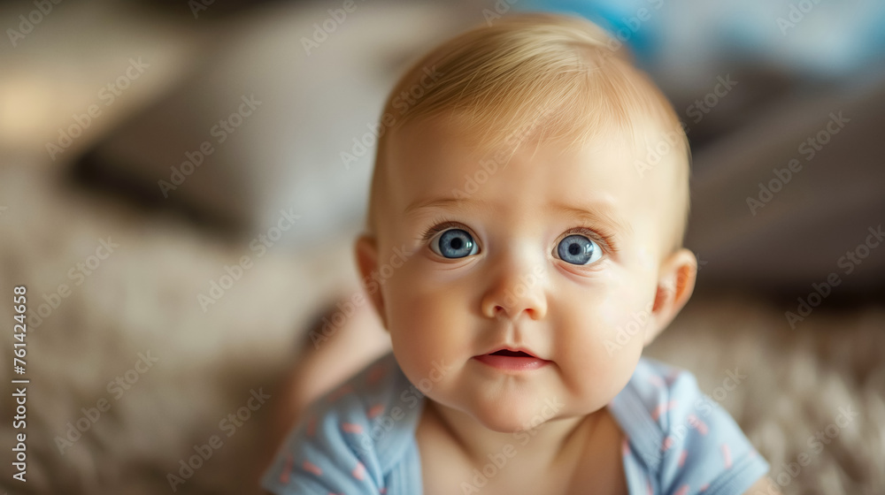 Blue-eyed baby with a curious gaze. Blue-eyed baby with a curious gaze.