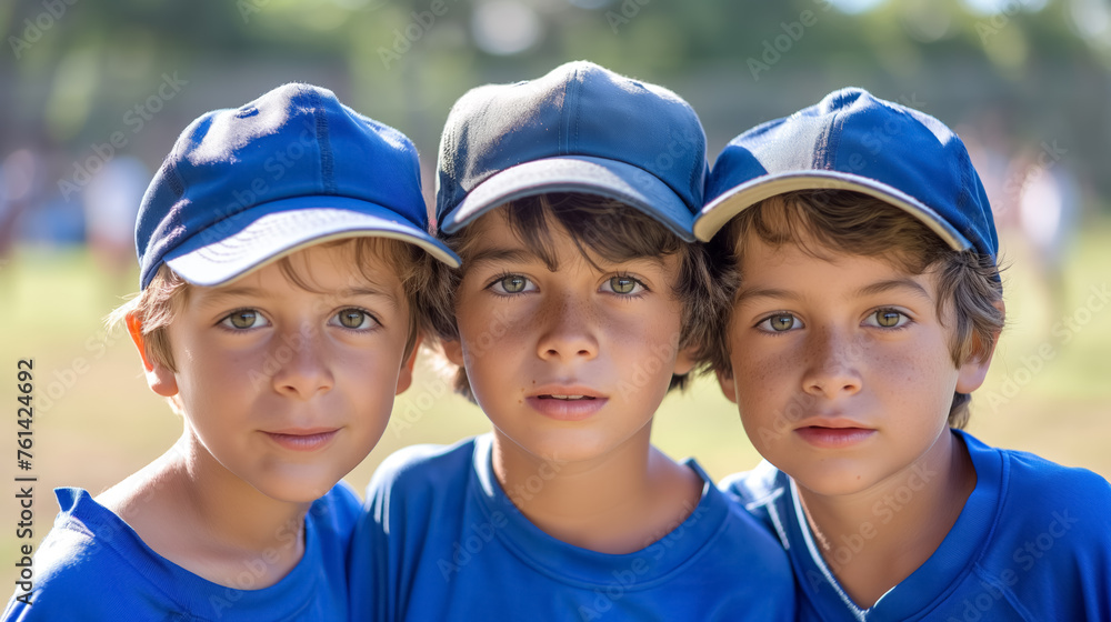 Triplets in baseball caps with matching blue shirts.