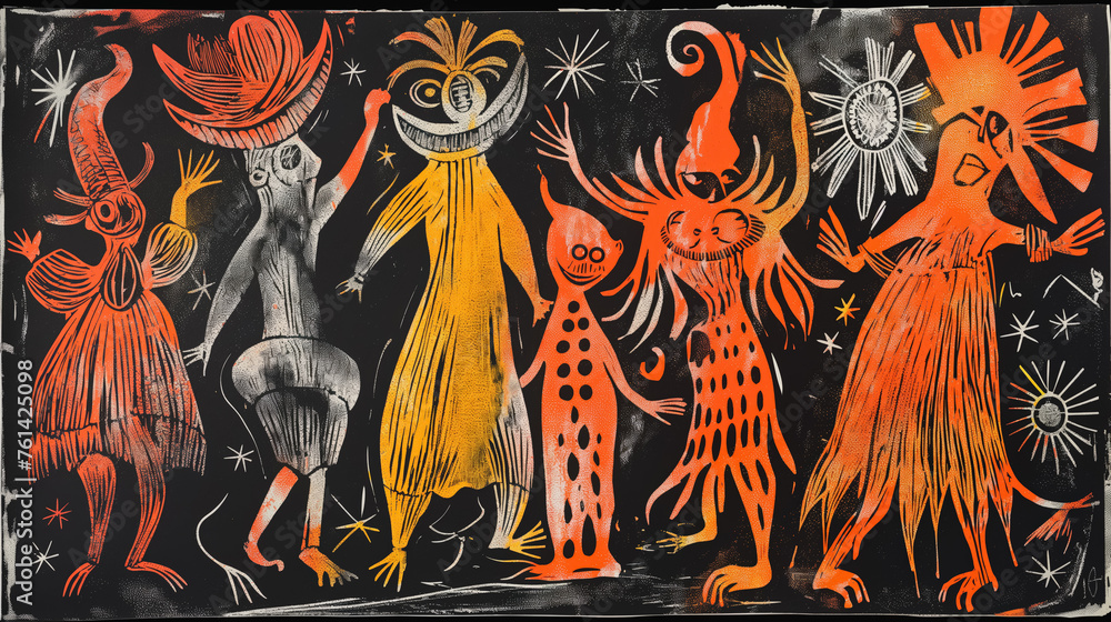 Mystical figures dance in the night.