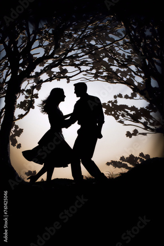 Black and white paper cut out of a couple dancing under a tree with a white background.