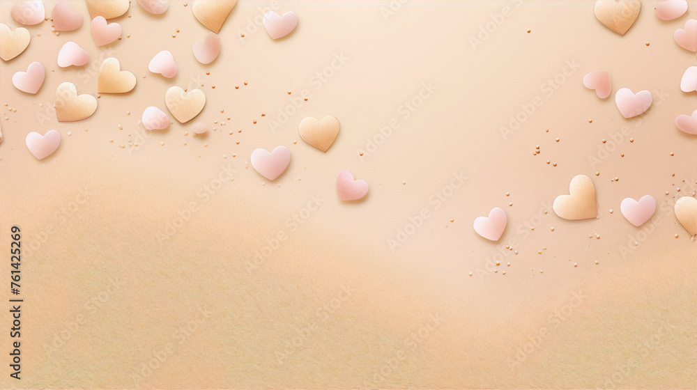 Abstract minimal feminine background with pink and gold hearts on a sand texture. Abstract minimal feminine background with pink and gold hearts on a sand texture.