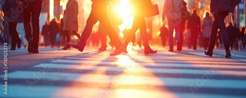 Crowd people on zebra crossing street in sunset light. walking through big city