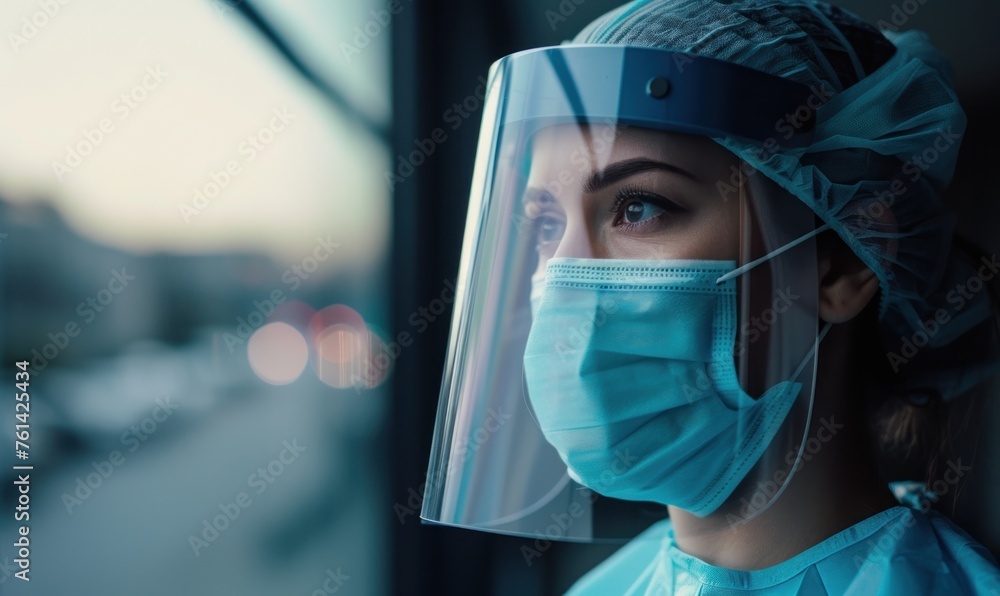 Woman medician at hospital wearing protect mask to prevent decease