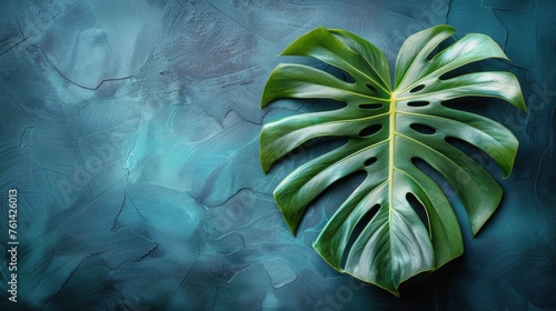 Large Green Leaf on Blue Background