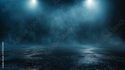 A dark empty street, dark blue background, an empty dark scene,