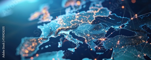 Western Europe in blue digital data map. Global communication network theme photo