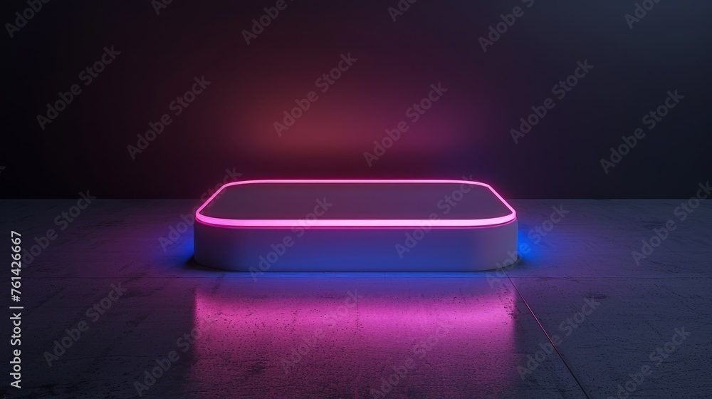 Blank product stand with neon lights on dark room background Blank product stand with neon lights on dark room background