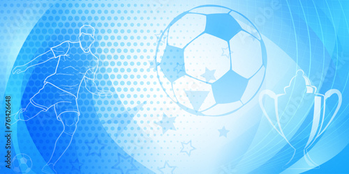 Football themed background in blue tones with abstract dots, lines and curves, with sport symbols such as a football player, ball and cup