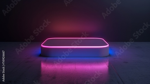 Blank product stand with neon lights on dark room background © chanidapa