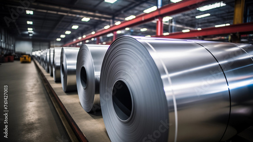 Stainless steel on rollers in a production hall or factory warehouse