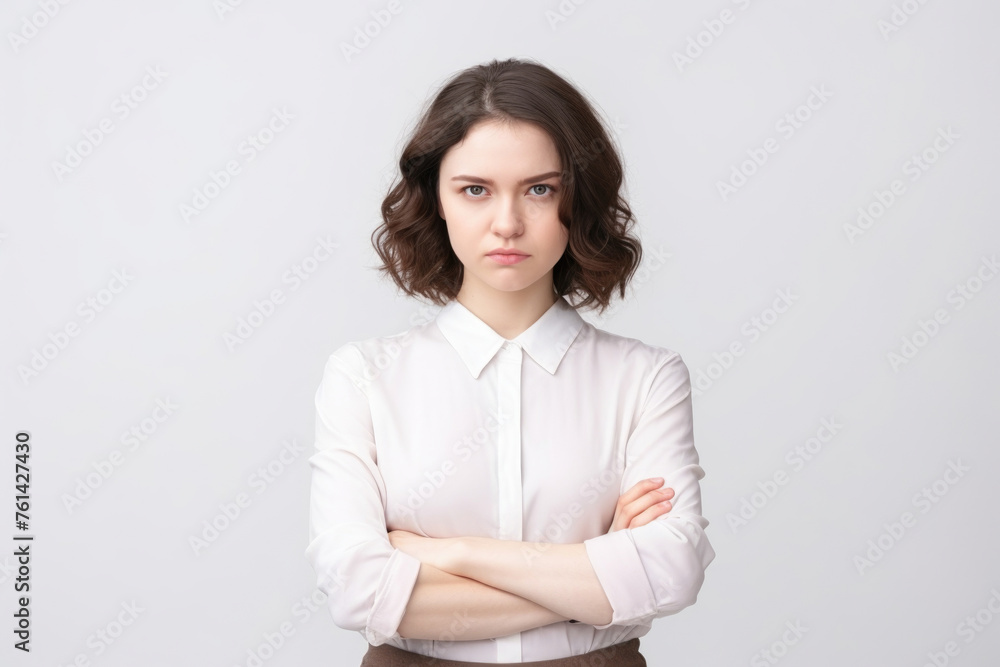 A woman wearing a white shirt and brown skirt A woman wearing a white shirt and brown skirt