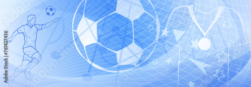 Football themed background in blue tones with abstract meshes and curves, with sport symbols such as a football player and ball