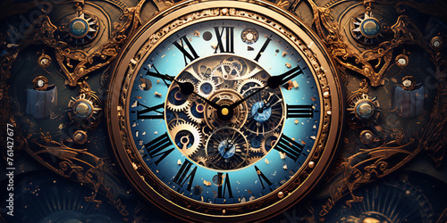 An illustration of a steampunk clock with intricate gears and filigree in warm colors.