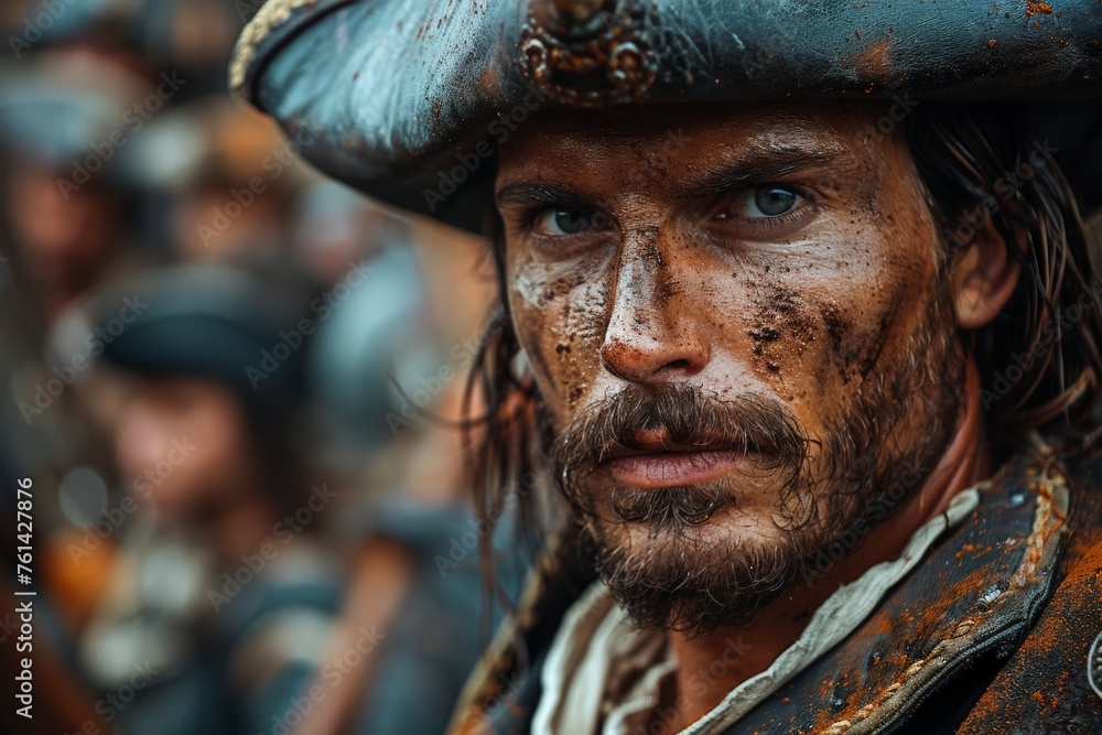 A close-up view of a medieval warrior in rustic, battle-worn armor, featuring intricate details and a sense of history A close-up view of a medieval warrior in rustic, battle-worn armor, featuring intricate details and a sense of history