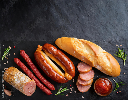 Assortment of sausages, salami, soudjouk, ketchup and bread on black stone background, top view