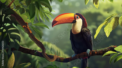 In the vibrant heart of the tropical jungle, a breathtakingly colorful toucan perches gracefully on a tree branch, its plumage a striking display of nature's beauty