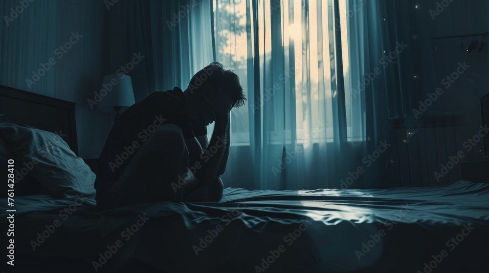 Lonely man silhouette feeling depressed and stressed sitting head in hands in the dark bedroom, Lonely man silhouette feeling depressed and stressed sitting head in hands in the dark bedroom,