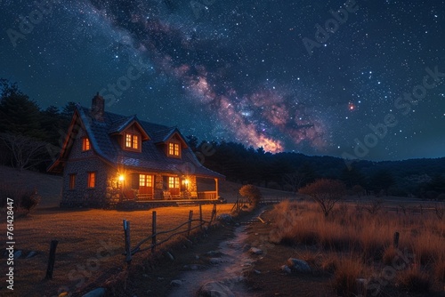 House, night, milky way, nature, concept. A beautiful landscape view. Peace. (ID: 761428447)