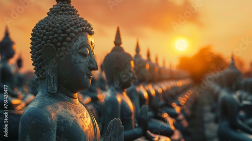 Many Buddha statue on sunset