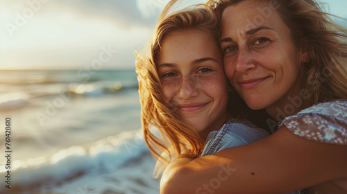 A radiant mother and her daughter share joy by the seaside, reveling in each other's presence against the backdrop of the expansive ocean