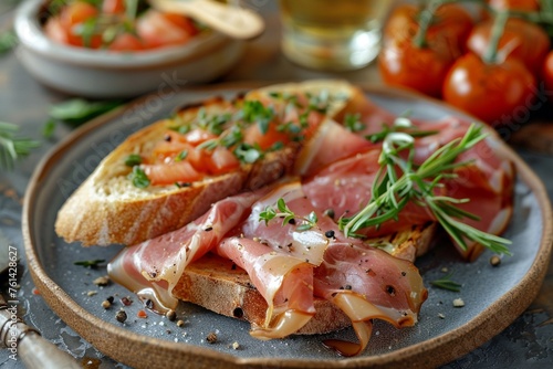 Acorn ham plate with bread toast, gourmet presentation, culinary delight, rustic charm, artisanal bread, savory flavors, high-resolution, focus on texture and quality, traditional cuisine