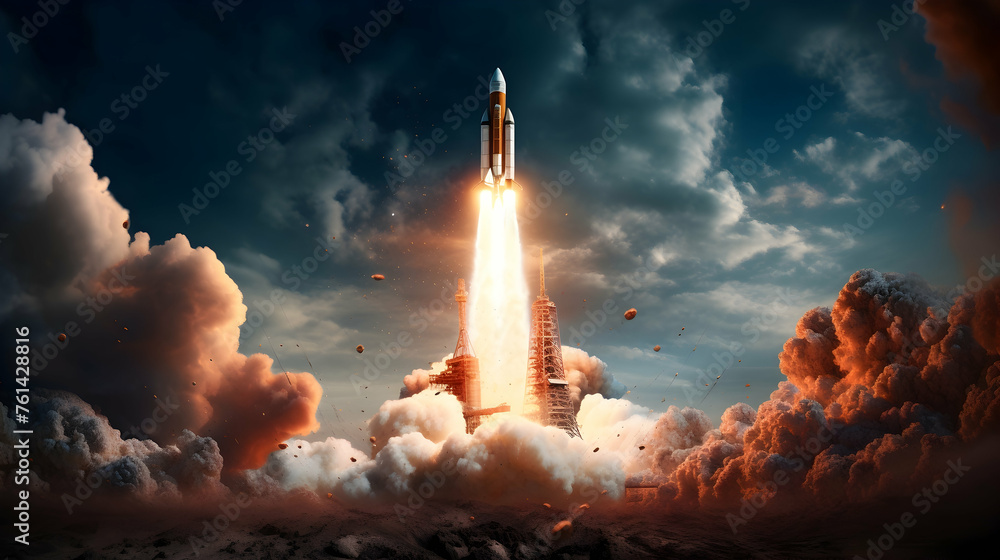 A rocket launches from Earth, leaving a trail of fire as it ascends to the stars A rocket launches from Earth, leaving a trail of fire as it ascends to the stars