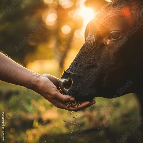 Farmers hand giving feed to a black cow, rustic setting, rural charm, close bond between human and animal, tranquil farm atmosphere, nature, sunlight, texture emphasis, detailed shot, lifestyle photog