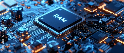 A close-up view with the acronym RAM displayed on a microchip, representing the concept of Random Access Memory. 