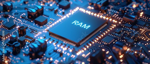 A close-up view with the acronym RAM displayed on a microchip, representing the concept of Random Access Memory.
 photo